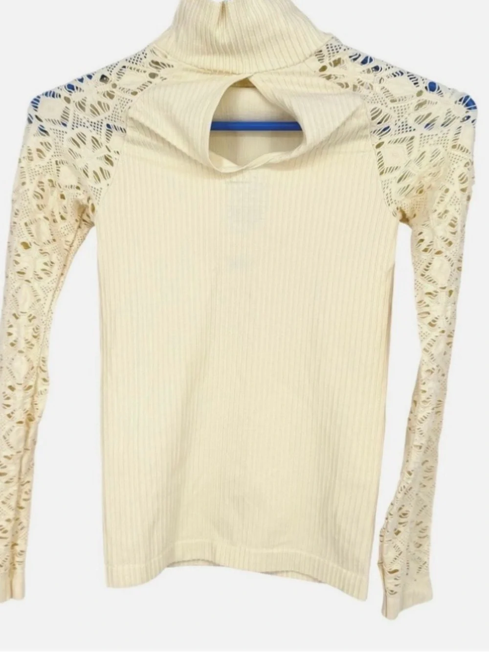 Free People Women's Cream Lace-Sleeve Ribbed Mock Neck Top open cutout in back